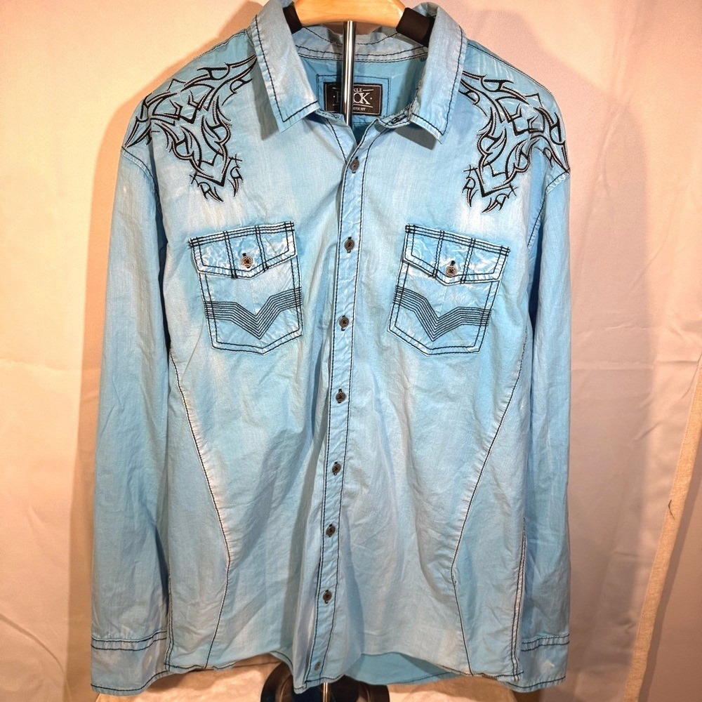 Buckle Black Men's XL Y2K Western Tribal Embroidered Snap Shirt Blue